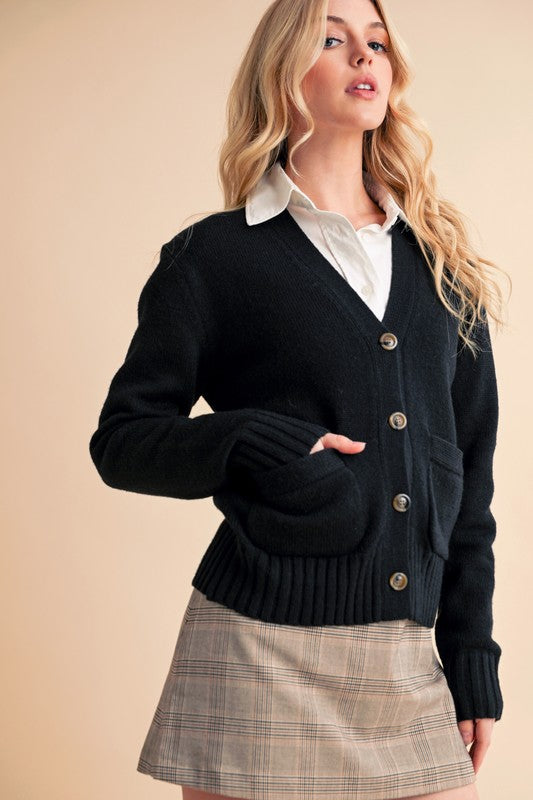 Aemi + Co Ribbed Hem Button Down V-Neck Cardigan - Brittney MADE