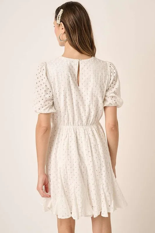 Mittoshop Eyelet Round Neck Puff Sleeve Mini Dress - Brittney MADE