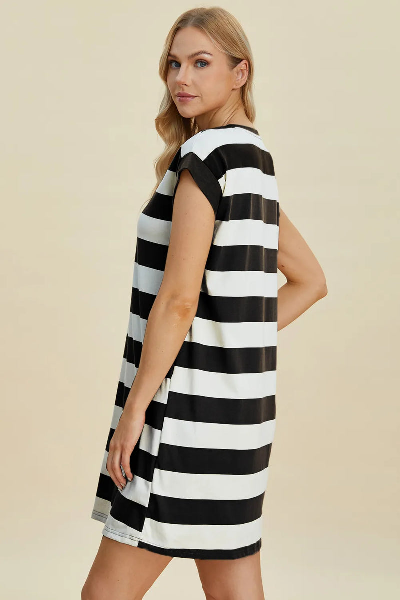 Basic Bae Full Size Striped Round Neck Cap Sleeve Mini Dress - Brittney MADE