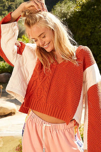 POL Cable Knit Quilting Patch V-Neck Contrast Sweater - Brittney MADE