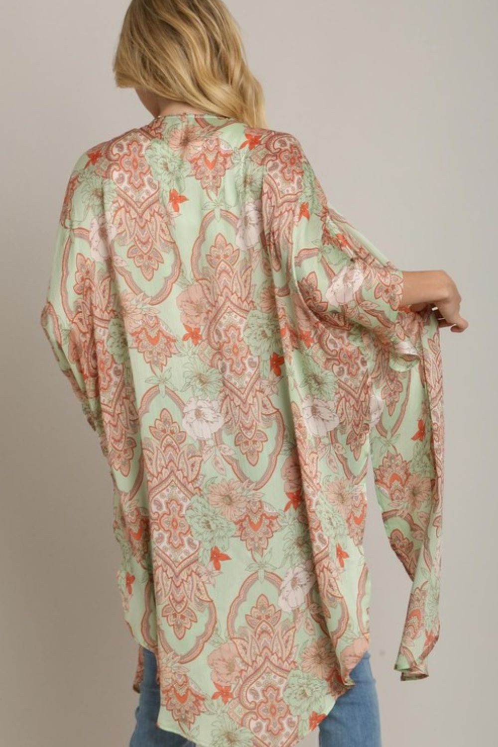 Umgee Full Size Mixed Print Open Front Kimono with Ruffle Sleeves Plus Size - Brittney MADE