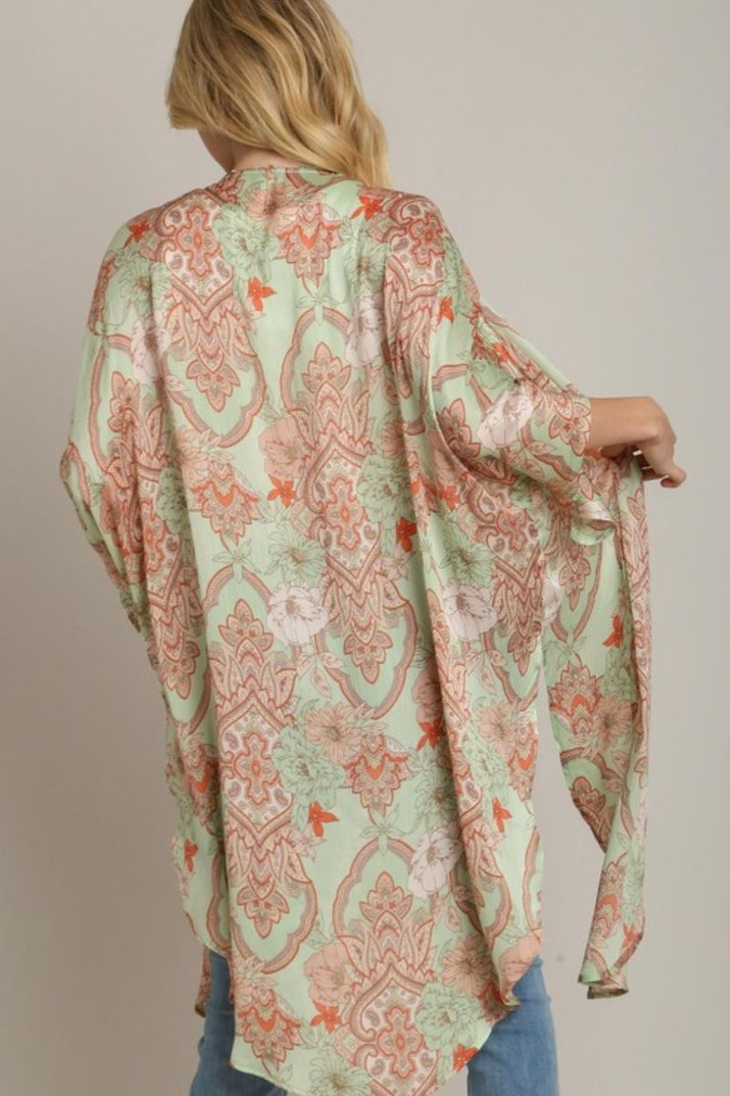 Umgee Full Size Mixed Print Open Front Kimono with Ruffle Sleeves Plus Size - Brittney MADE