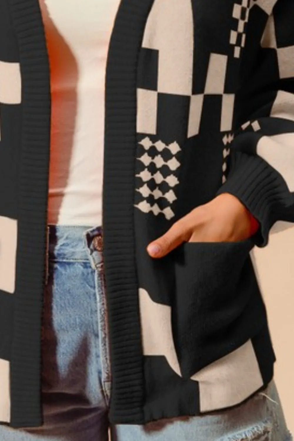 SO ME Checkered Open Front Cardigan with Pockets - Brittney MADE