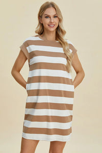 Basic Bae Full Size Striped Round Neck Cap Sleeve Mini Dress - Brittney MADE