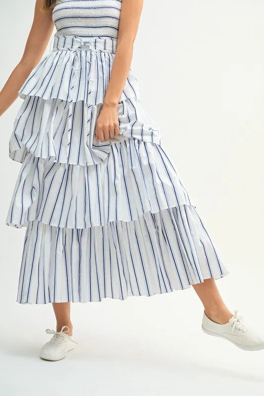 MABLE Pin Stripe Smocked Bodice Layered Midi Dress - Brittney MADE
