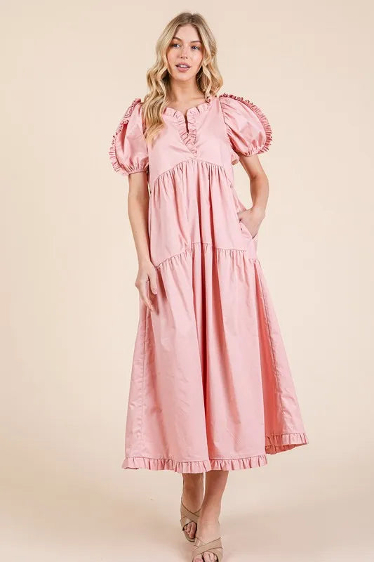 GeeGee Ruffle Trim Puff Sleeve Tiered Babydoll Midi Dress - Brittney MADE