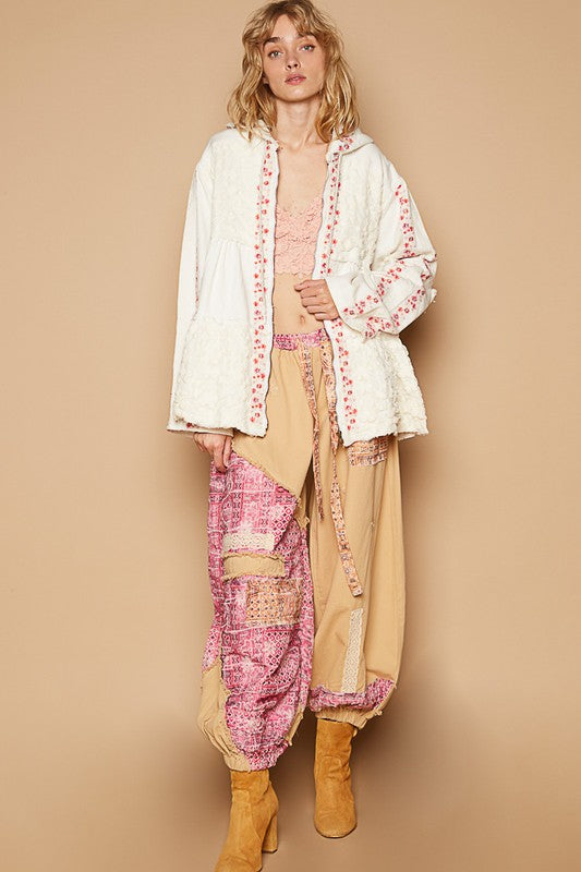 POL Embroidered Lace Patch Zip Up Hooded Jacket - Brittney MADE