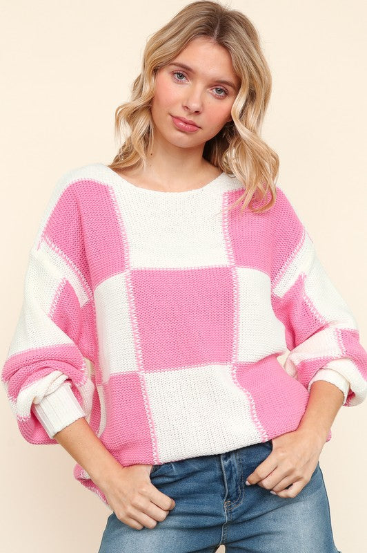 Haptics Full Size Checkered Round Neck Drop Shoulder Sweater - Brittney MADE