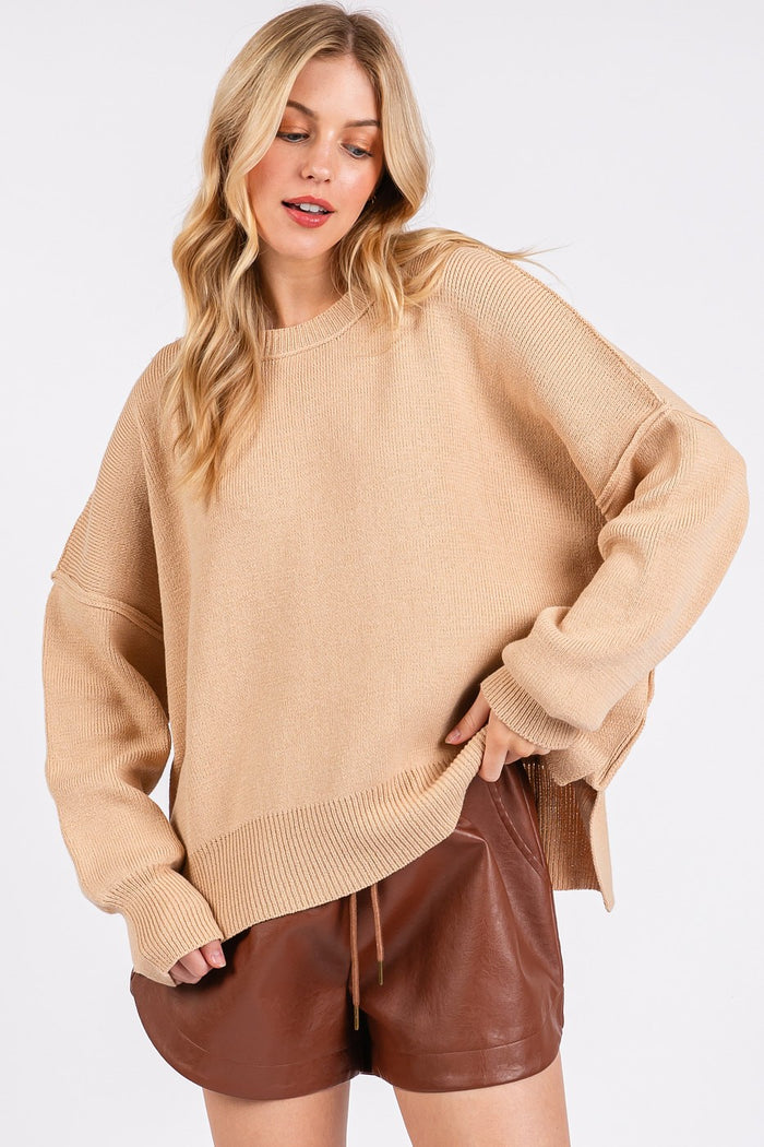 Mittoshop Side Slit Round Neck Drop Shoulder Sweater - Brittney MADE