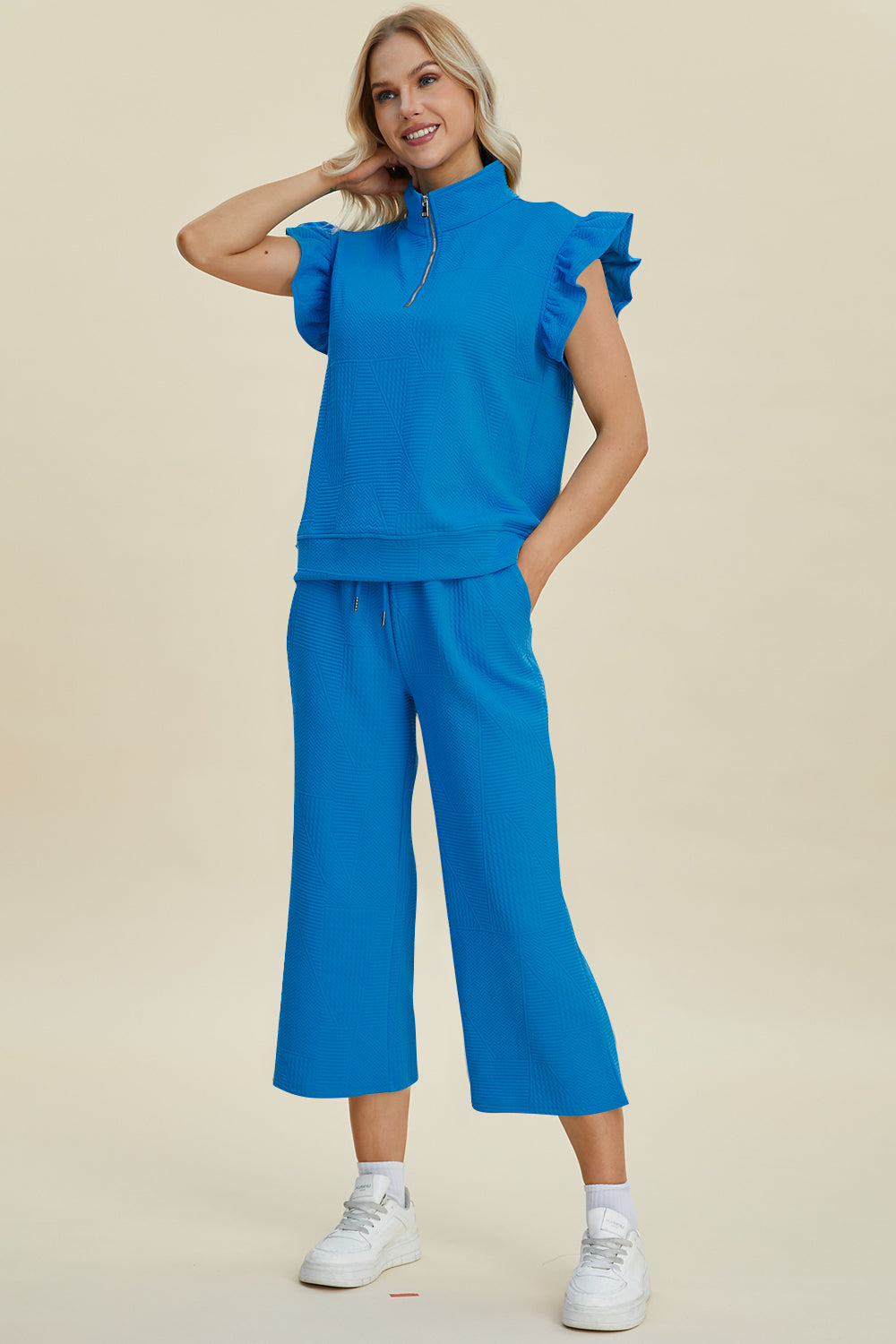 Double Take Full Size Texture Ruffle Short Sleeve Top and Wide Leg Pants Set - Brittney MADE
