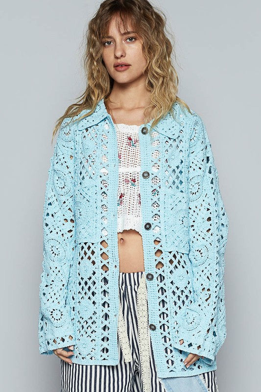 POL Crochet Button Up Cardigan with Chest Patch Pockets - Brittney MADE