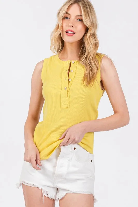 Ces Femme Stitch Detail Half Button Ribbed Tank - Brittney MADE