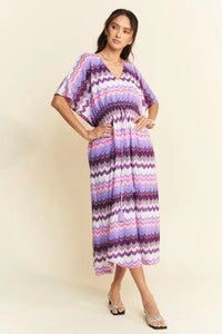 Davi & Dani Multi Color Wavy Tie Waist Flowy Sleeve Dress - Brittney MADE
