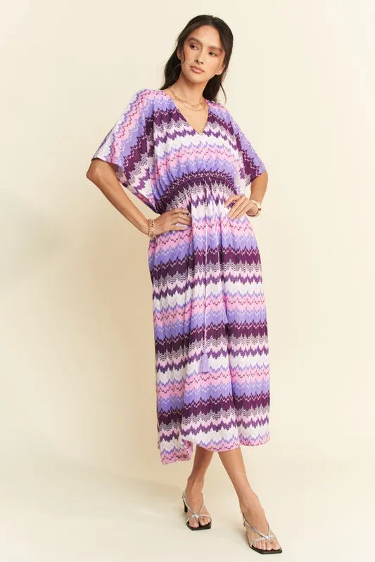 Davi & Dani Multi Color Wavy Tie Waist Flowy Sleeve Dress - Brittney MADE