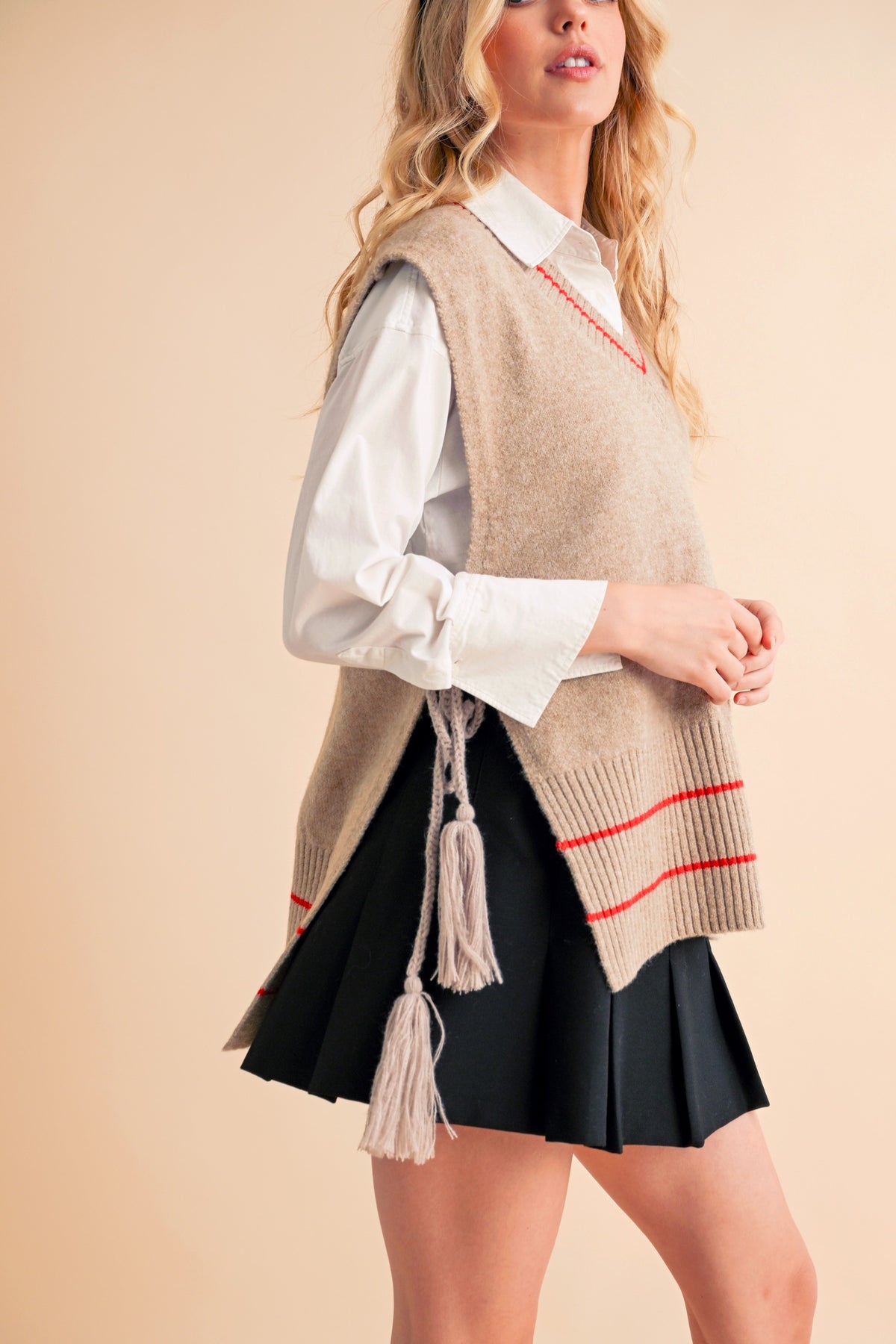 Aemi + Co Ribbed V-Neck Sweater Vest with Tassel - Brittney MADE
