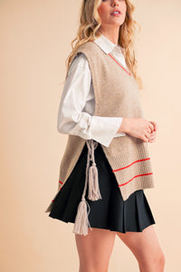 Aemi + Co Ribbed V-Neck Sweater Vest with Tassel - Brittney MADE