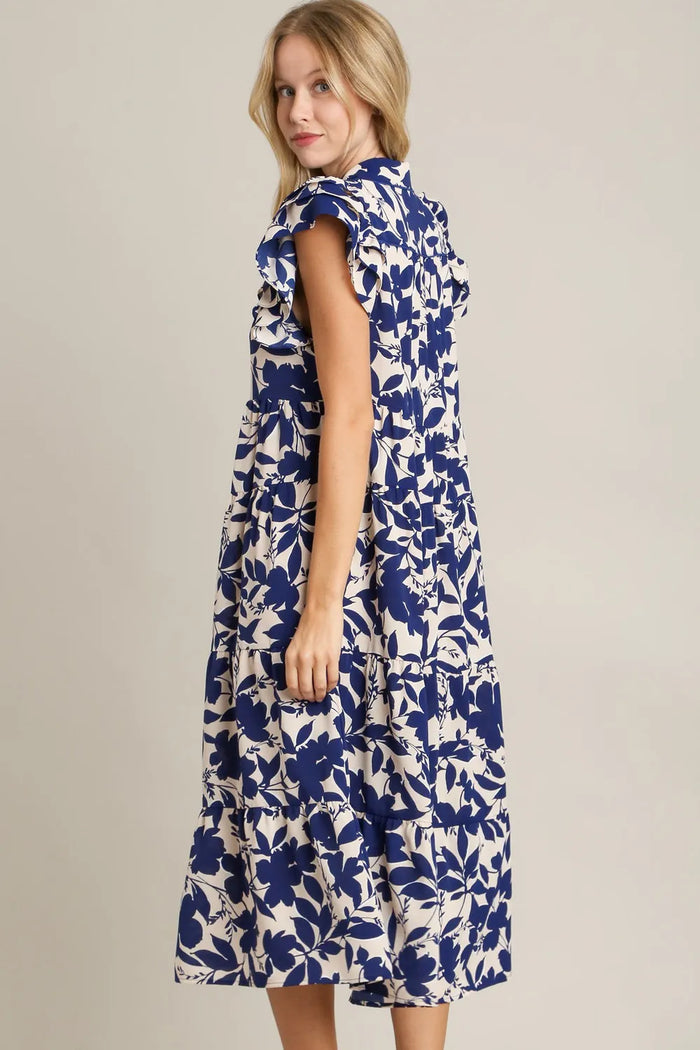 Umgee Full Size Floral Collared Ruffle Cap Sleeve Midi Dress Plus Size - Brittney MADE