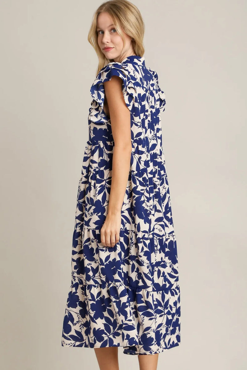 Umgee Full Size Floral Collared Ruffle Cap Sleeve Midi Dress Plus Size - Brittney MADE