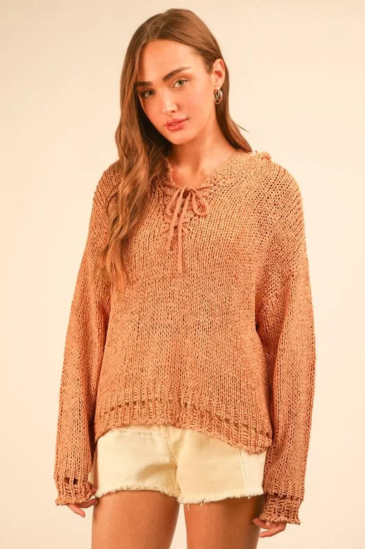 VERY J Oversized Openwork Lace Up Hooded Sweater - Brittney MADE