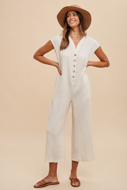 Annie Wear Button Detail Wide Leg Jumpsuit with Pockets - Brittney MADE