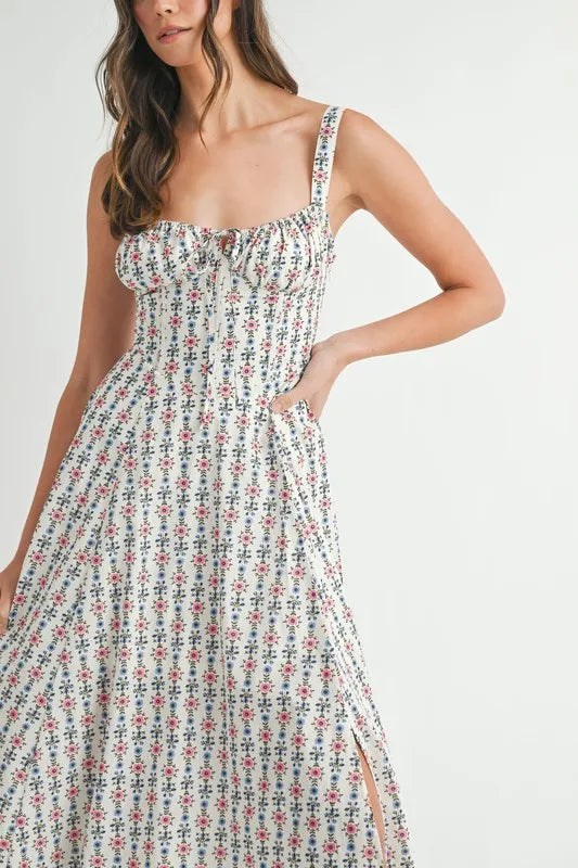 MABLE Floral Print Bustier Back Lace Up Midi Dress - Brittney MADE