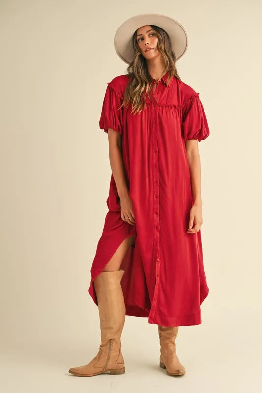 Annie Wear Mineral Washed Button Down Puff Sleeve Shirt Dress - Brittney MADE