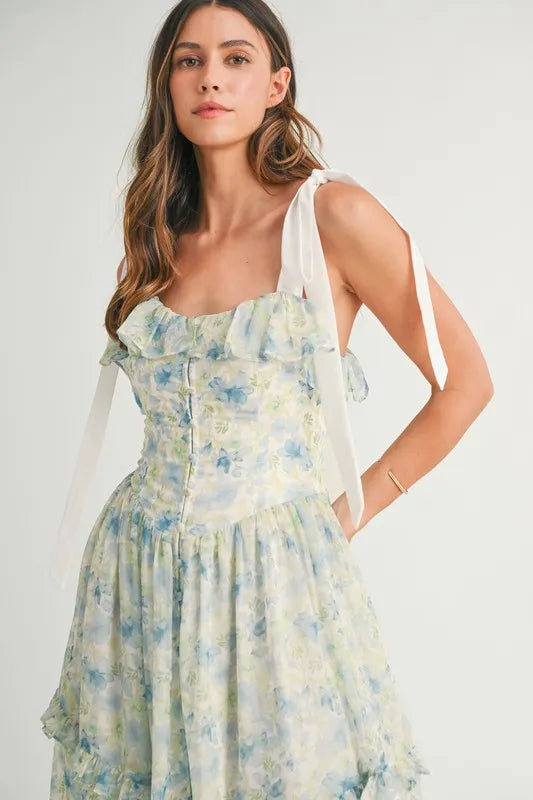MABLE Floral Printed Shoulder Strap Midi Dress - Brittney MADE