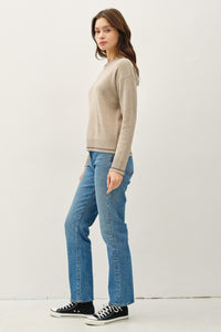 Be Cool Striped Trim Round Neck Long Sleeve Sweater - Brittney MADE