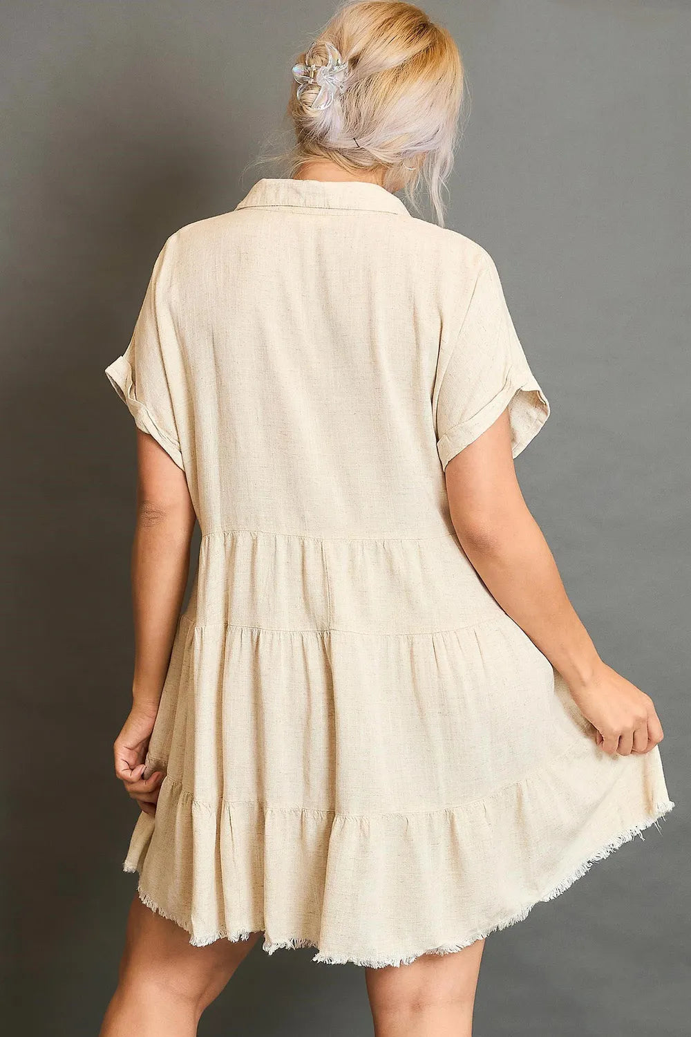 Umgee Full Size Raw Hem Folded Sleeve Tiered Dress Plus Size - Brittney MADE