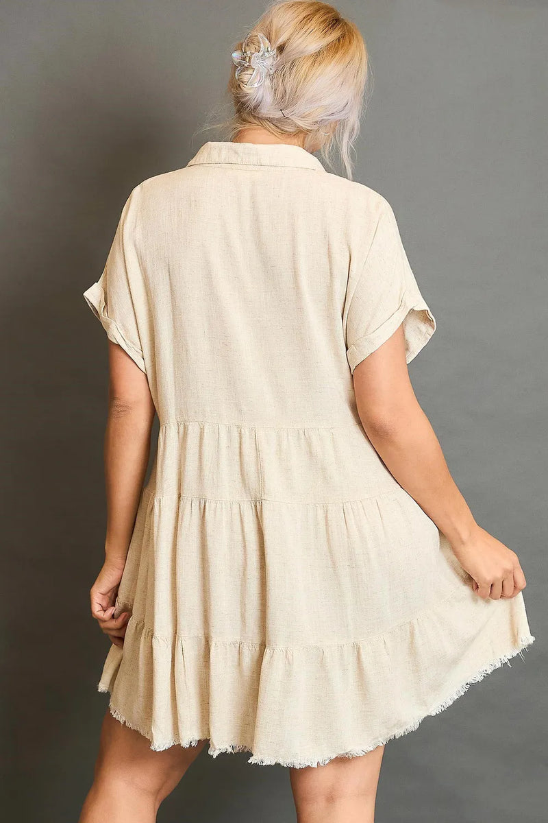 Umgee Full Size Raw Hem Folded Sleeve Tiered Dress Plus Size - Brittney MADE