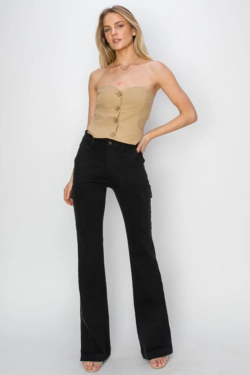 RISEN Full Size High Rise Side Slit Cargo Bootcut Jeans - Brittney MADE