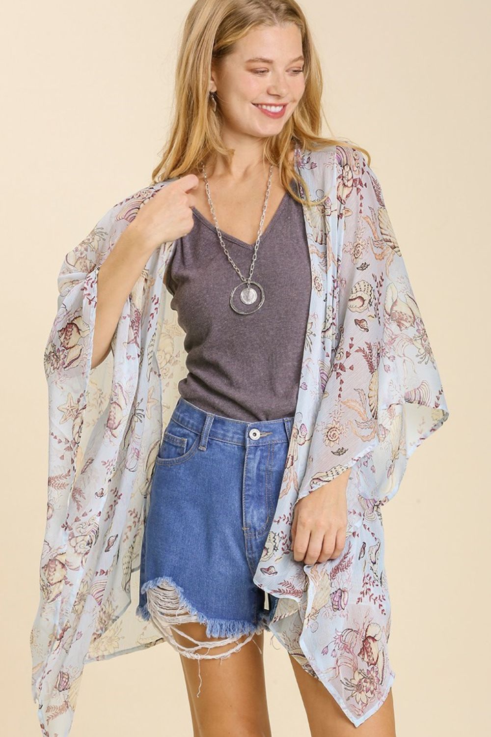 Umgee Full Size Sheer Mixed Print Kimono with Side Slit Plus Size - Brittney MADE
