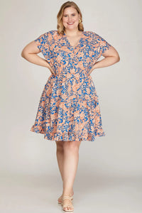 She + Sky Full Size Ruffled Hem Printed Surplice Kimono Sleeve Mini Dress Plus Size - Brittney MADE