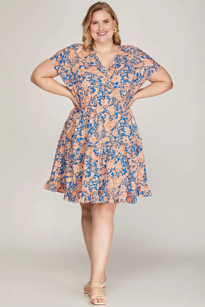 She + Sky Full Size Ruffled Hem Printed Surplice Kimono Sleeve Mini Dress Plus Size - Brittney MADE