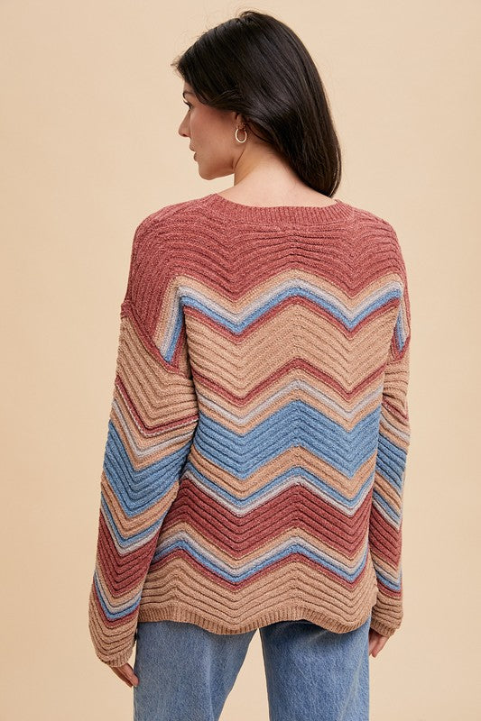 Annie Wear Multi Color Zig-Zag Round Neck Sweater - Brittney MADE