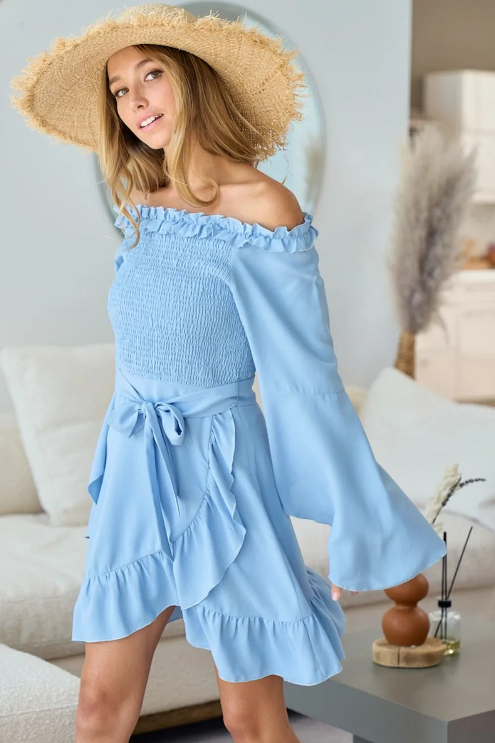 BiBi Smocked Ruffled Front Tie Mini Dress - Brittney MADE