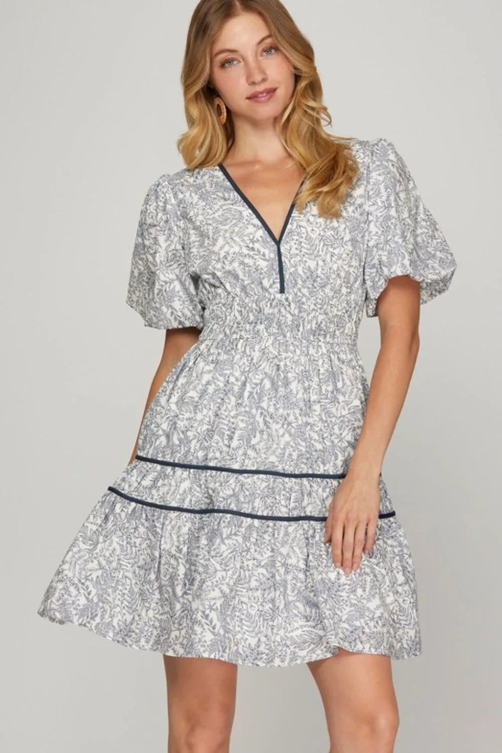 She + Sky Full Size Printed V-Neck Puff Sleeve Tiered Dress Plus Size - Brittney MADE