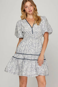 She + Sky Full Size Printed V-Neck Puff Sleeve Tiered Dress Plus Size - Brittney MADE