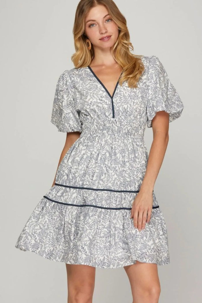 She + Sky Full Size Printed V-Neck Puff Sleeve Tiered Dress Plus Size - Brittney MADE