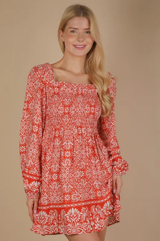 VERY J Printed Smocked Chest Boho Mini Dress - Brittney MADE