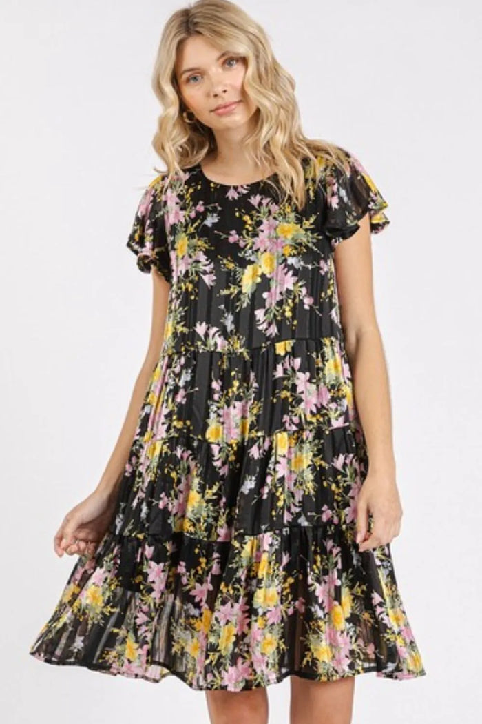 Mittoshop Flower Print Round Neck Flutter Sleeve Tiered Dress - Brittney MADE