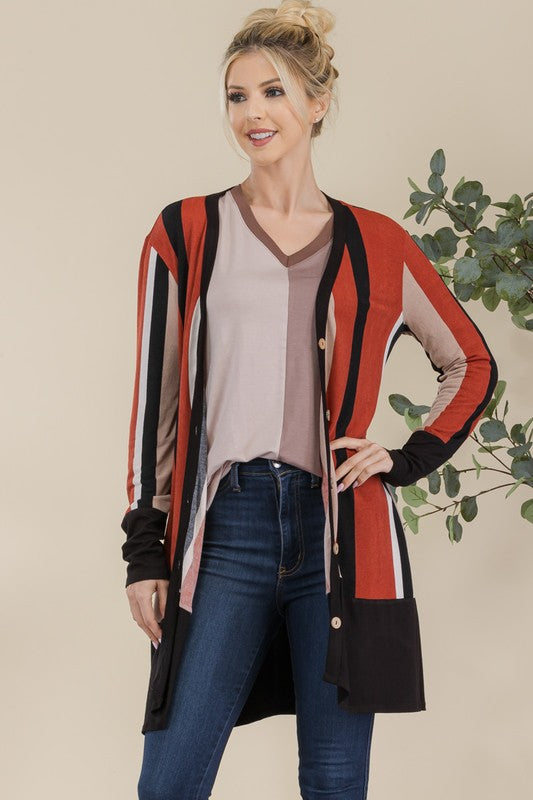 Celeste Full Size Striped Button Up Long Sleeve Cardigan Plus Size - Brittney MADE