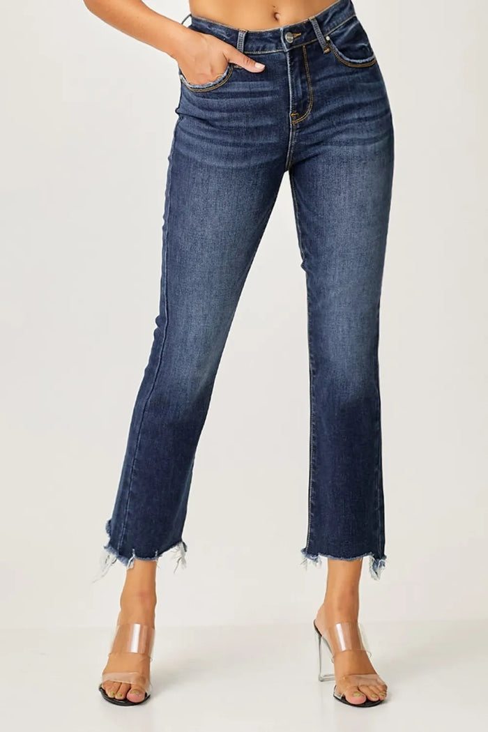 Risen Full Size Frayed Hem Cropped Straight Jeans - Brittney MADE