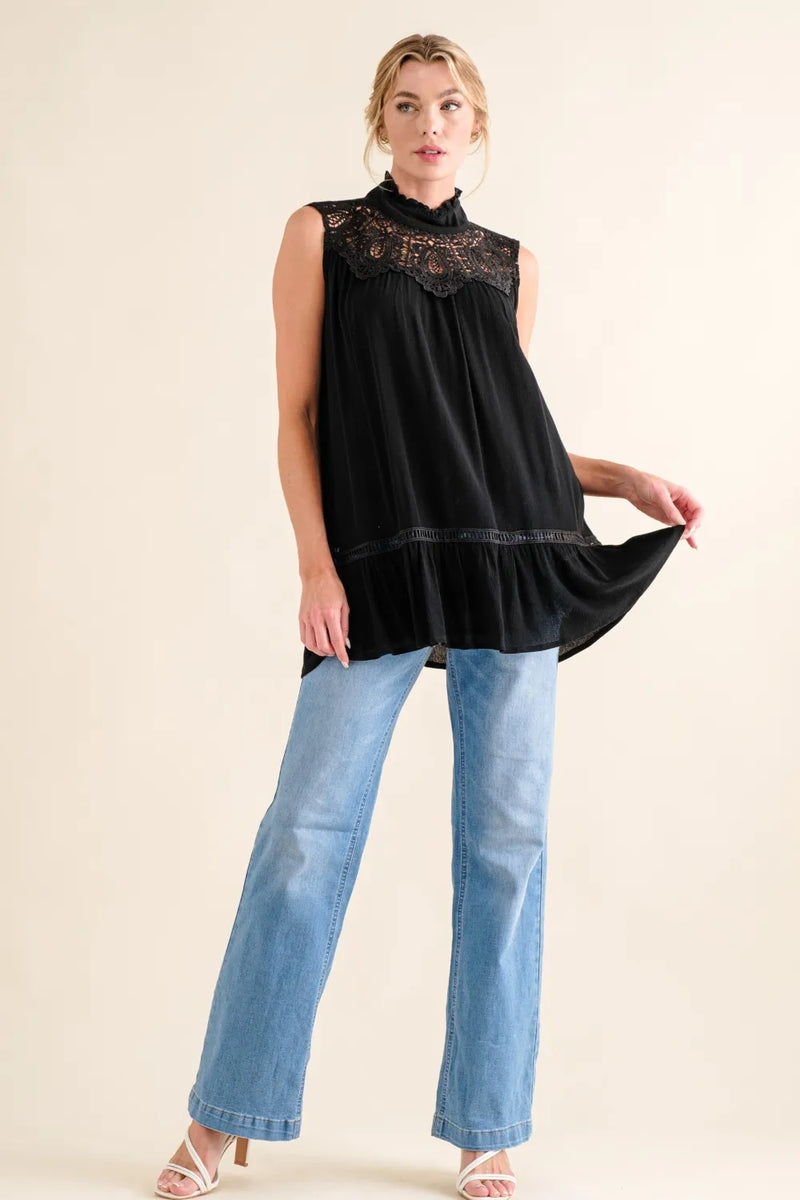 And The Why Lace Detail Sleeveless Ruffled Top - Brittney MADE