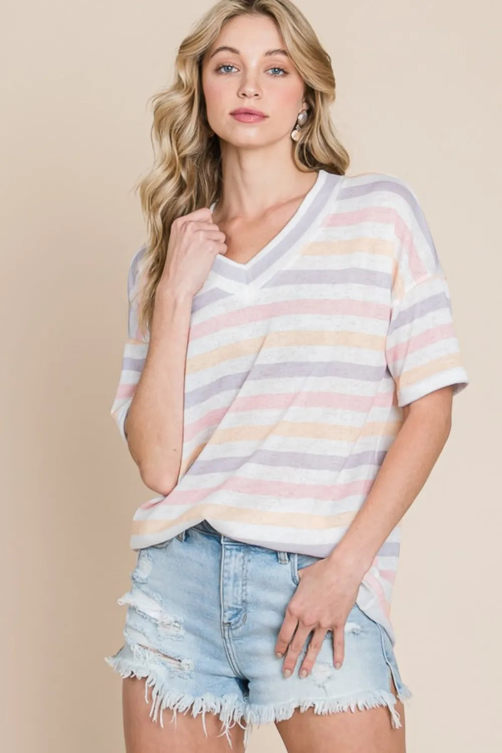 BOMBOM Striped V-Neck Short Sleeve T-Shirt - Brittney MADE