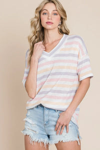 BOMBOM Striped V-Neck Short Sleeve T-Shirt - Brittney MADE