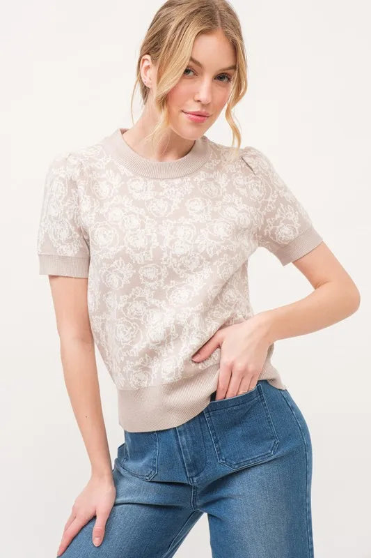 And The Why Short Sleeve Rose Pattern Knit Top - Brittney MADE