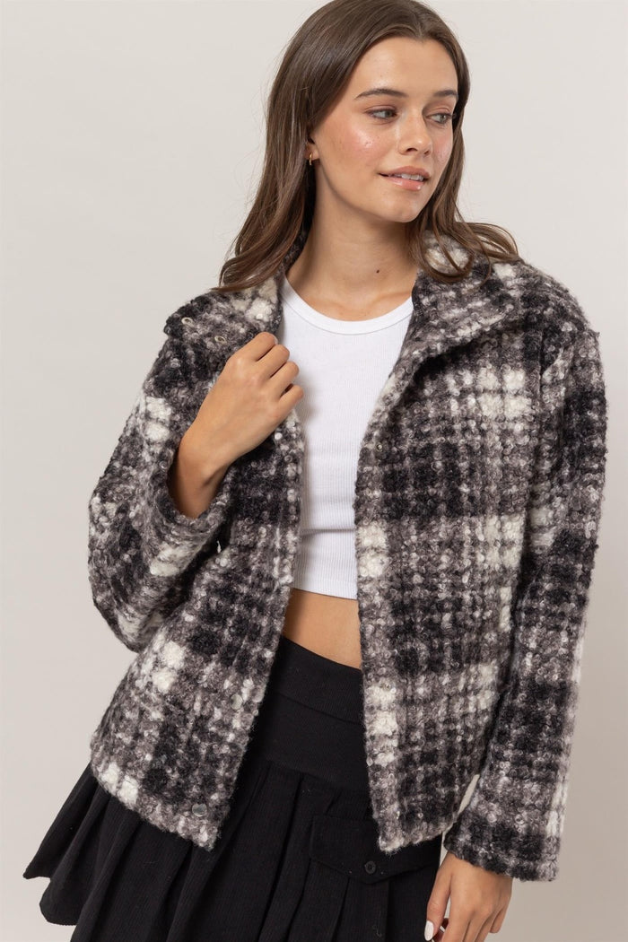 HYFVE Plaid Collared Neck Boucle Jacket with Pockets - Brittney MADE