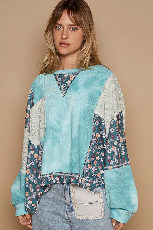 POL Floral Patchwork Round Neck Knit Top - Brittney MADE