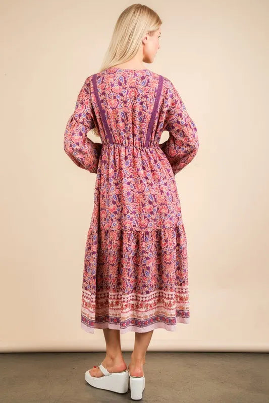 VERY J Floral Printed Boho V-Neck Balloon Sleeve Dress - Brittney MADE